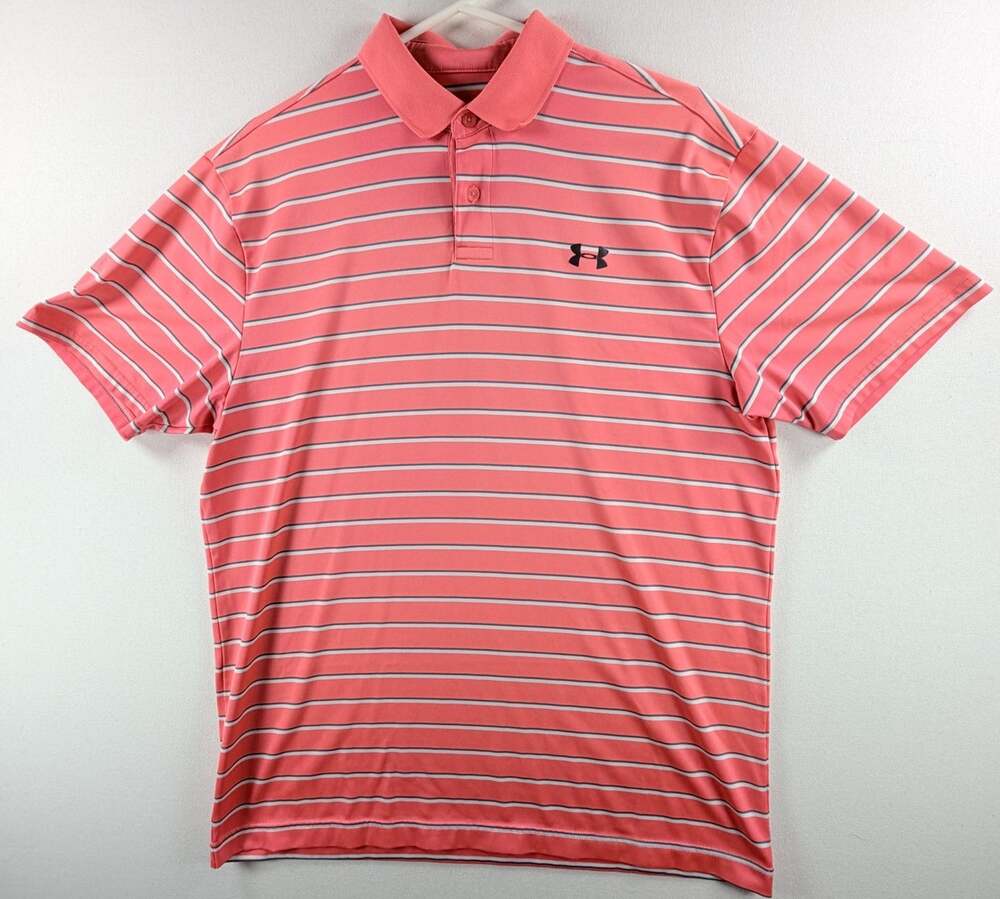 Under Armour Men’s Polo Shirt Pink Striped Short Sleeve Golf Size Medium